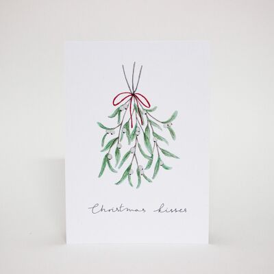 Postal 'Besos de Navidad', tarjeta navideña con ilustración acuarela de muérdago, DIN A6, sostenible