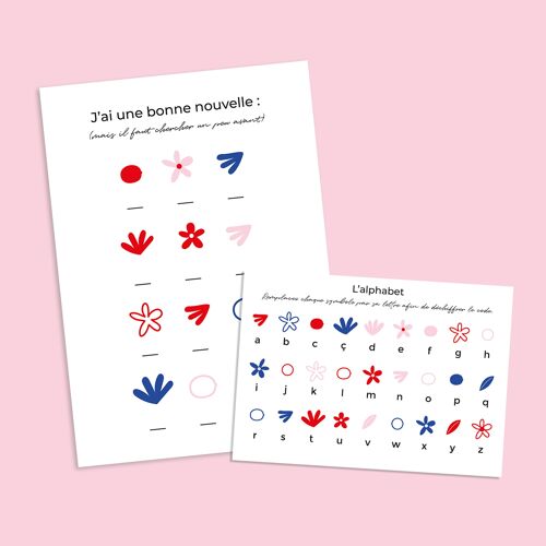 Carte gender reveal avec code à déchiffrer pour annoncer le sexe du bébé  garçon