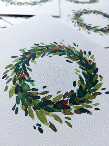 Carte de Noël dessin fait main aquarelle A5 grande couronne 6