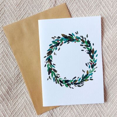 Watercolor handmade drawing Christmas card A5 large wreath