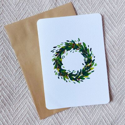 Carte de Noël dessin fait main aquarelle A5 petite couronne