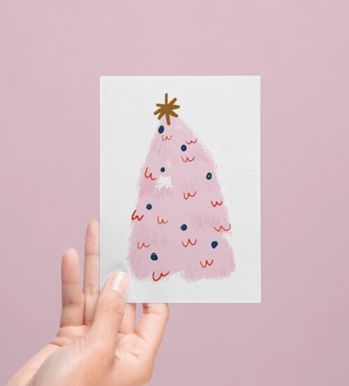 Carte de Noël sapin rose avec tête de chat