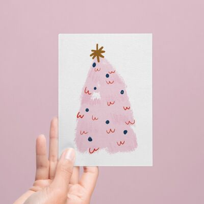 Christmas card pink tree with cat face