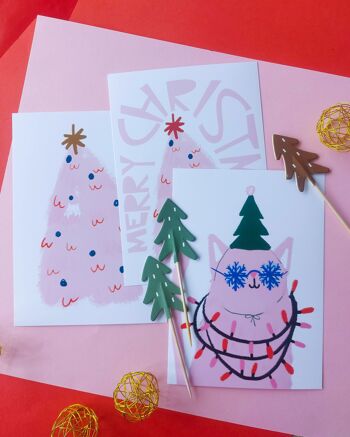 Carte de Noël sapin rose avec tête de chat 4