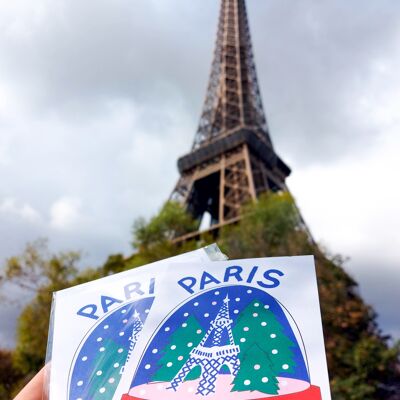 Snowball Paris Eiffel Tower Christmas Card