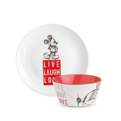 SET DESSERT PLATE AND BOWL MICKEY LIVE LAUGH LOVE RED