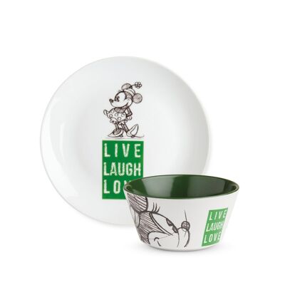 SET DESSERT PLATE AND BOWL MINNIE LIVE LAUGH LOVE GREEN