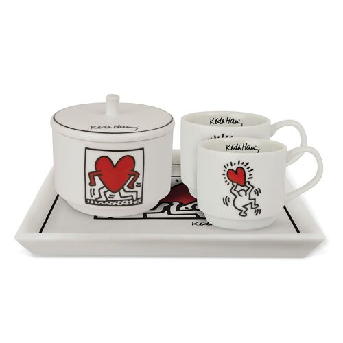 SET 2 COFFEE CUPS STACKABLE+SQUARE TRAY K.HARING
