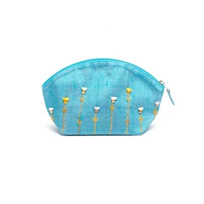 Cosmetic bag, embroidered raw silk, turquoise