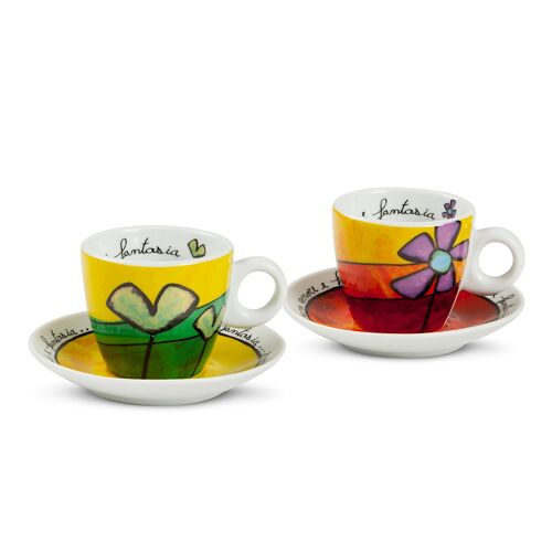 SET 2 GREEN AND RED COFFEE CUPS-SAUCERS