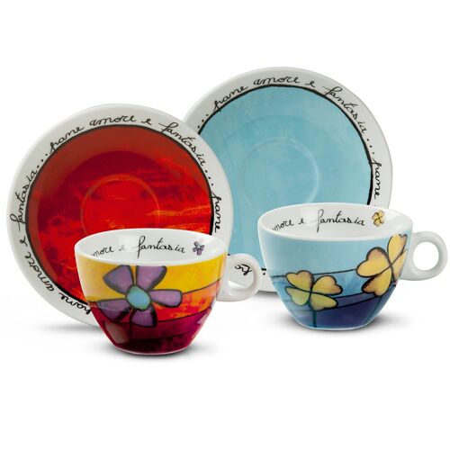 SET BLUE AND RED CAPPUCCINO CUPS-SAUCERS
