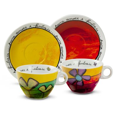 SET 2 GREEN AND RED CAPPUCCINO CUPS-SAUCERS