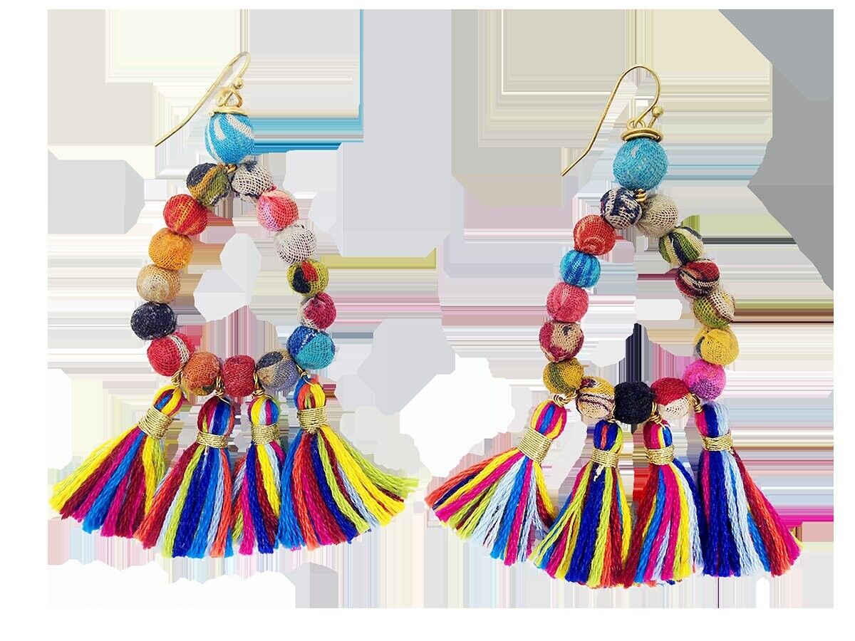 Orecchino Kantha, a goccia con frange