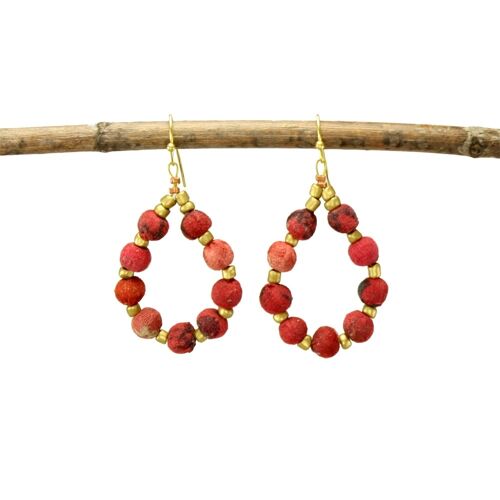 Kantha Earrings, Beaded Teardrops, Crimson