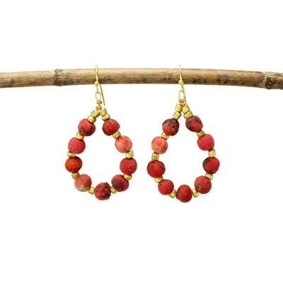 Kantha Earrings, Beaded Teardrops, Crimson