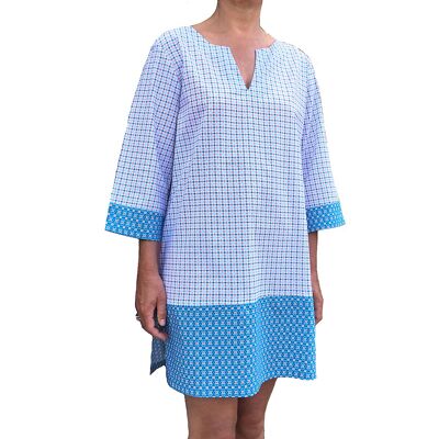 Tunikakleid aus blau/weißer Baumwolle mit zweifachem Aufdruck