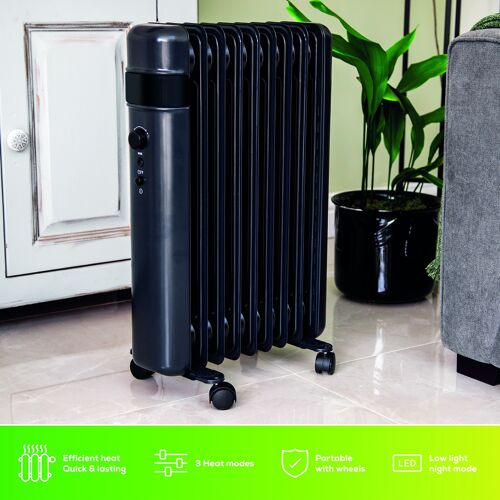 TCP Smart WiFi Portable Free-Standing Oil 9 Finned Radiator Black 2000w