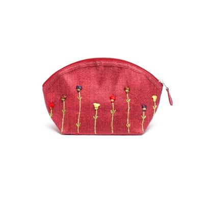 Cosmetic bag, embroidered raw silk, red