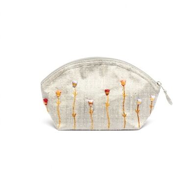 Cosmetic bag, embroidered raw silk, silver