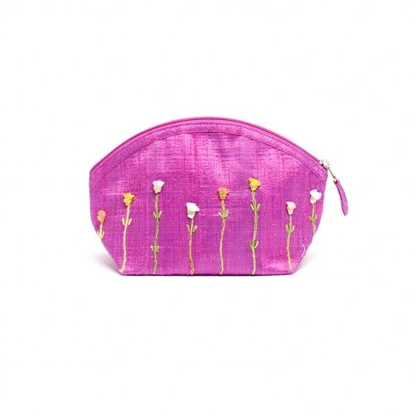 Trousse, seta grezza ricamata, fucsia