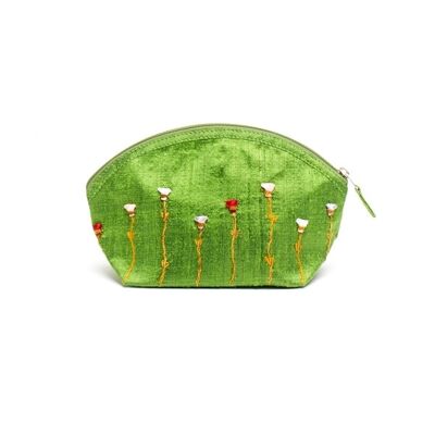 Cosmetic bag, embroidered raw silk, green