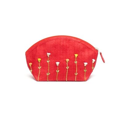 Cosmetic bag, embroidered raw silk, chilli