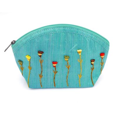 Cosmetic bag, embroidered raw silk, mint