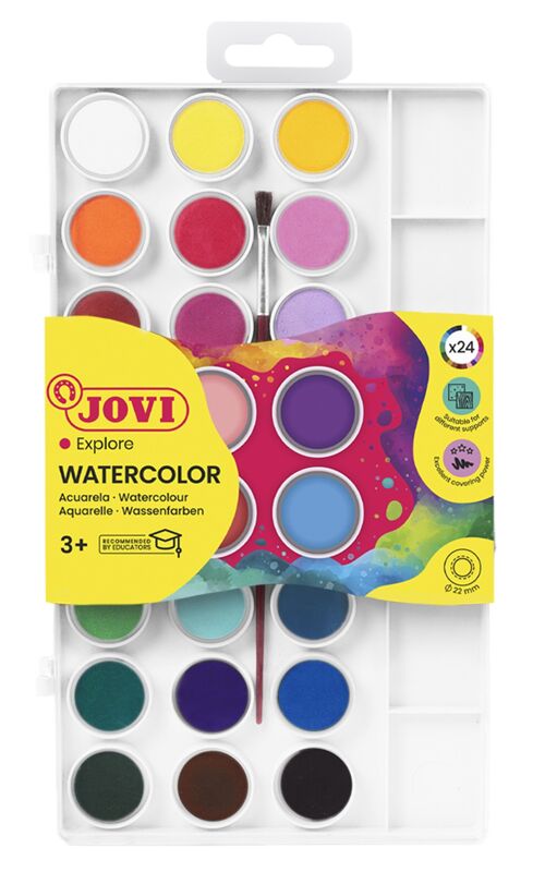 JOVI - Kit de Acuarela con Pincel, 24 pastillas de 22 mm, Colores Brillantes e Intensos