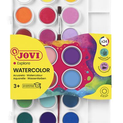 JOVI - Kit de Acuarela con Pincel, 24 pastillas de 22 mm, Colores Brillantes e Intensos