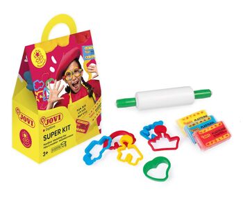 JOVI - SUPER KIT de regalo de plastilina, 3 x 50g + 6 moldes + 1 rodillo 1