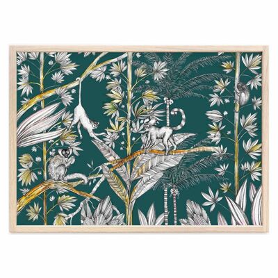 Art Print [Fine Art Paper] - Jungle Monkeys - A3 - Dark Green