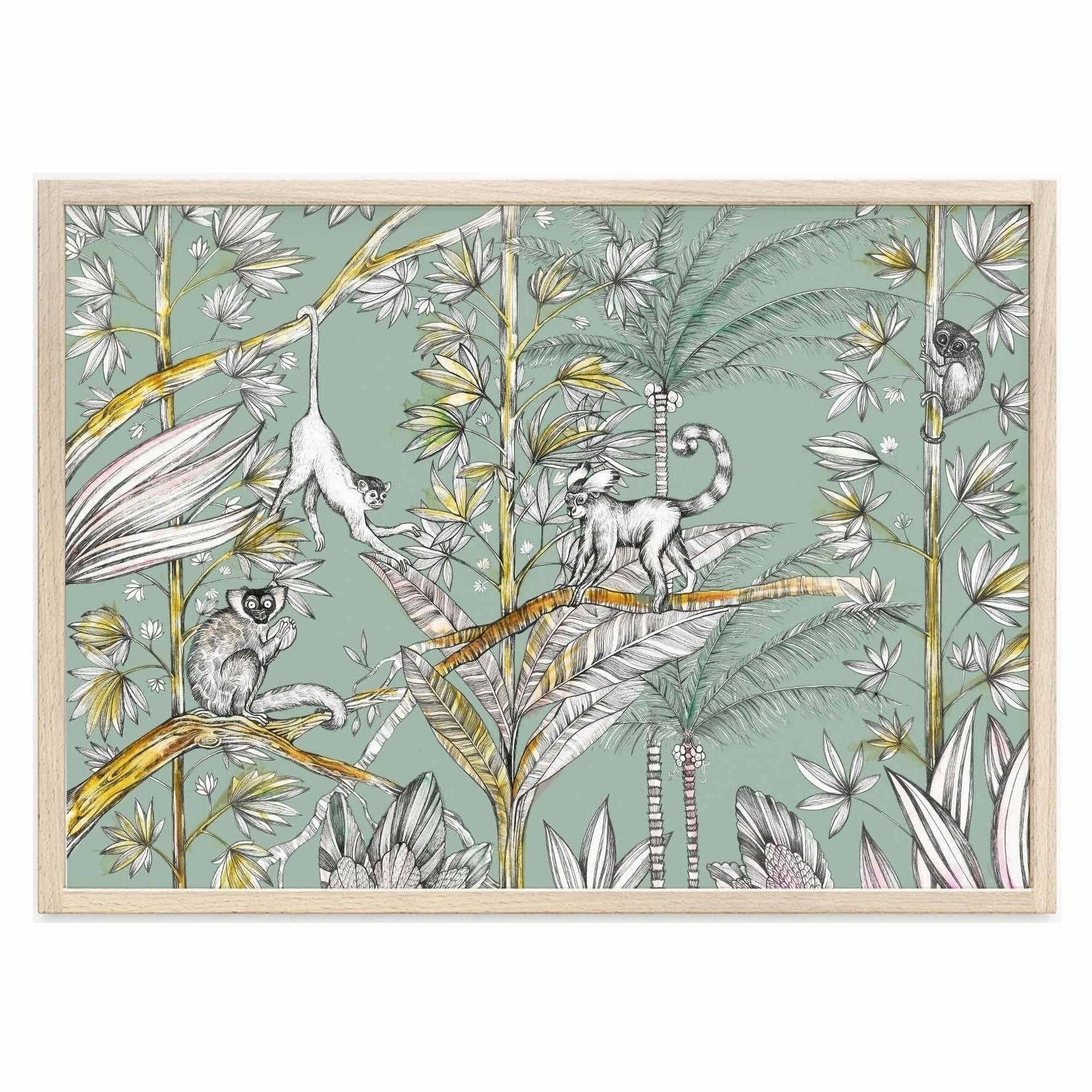 Stampa artistica [carta fine art] - scimmie della giungla - A3 - turchese