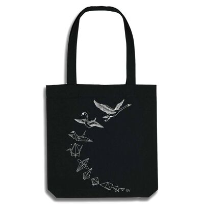 Burlap bag [recycling] - origami swan - black