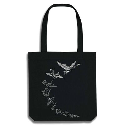 Sac en toile de jute [recyclage] - cygne origami - noir