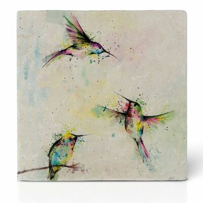 Tile coaster [natural stone] - 3 hummingbirds