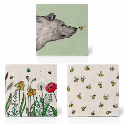 Tile Coasters - Set of 3 - Bees & Flowers