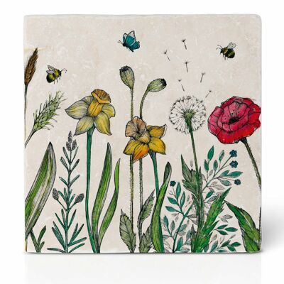 Tile coaster [natural stone] - flower meadow
