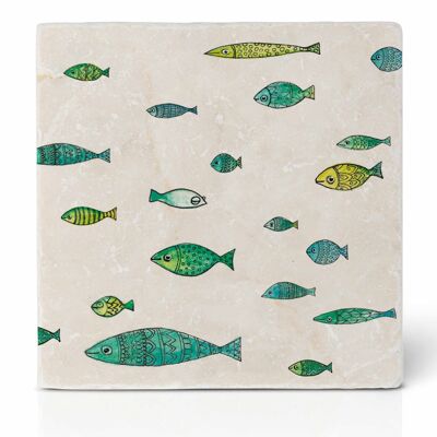 Tile coaster [natural stone] - school of fish