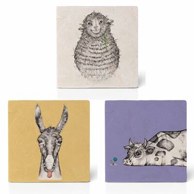 Tile Coasters [Natural Stone] - Set of 3 - Farm Animals