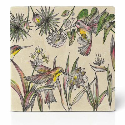 Tile coaster [natural stone] - hummingbirds