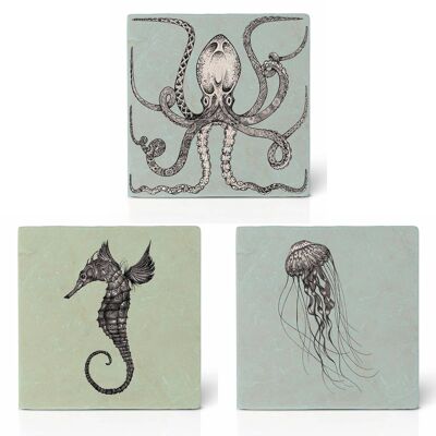 Tile Coasters [Natural Stone] - Set of 3 - Sea Creatures