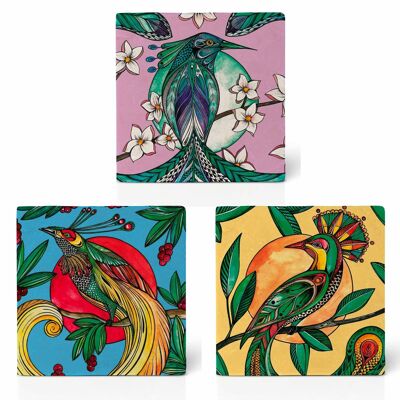 Tile Coasters [Natural Stone] - Set of 3 - Birds of Paradise