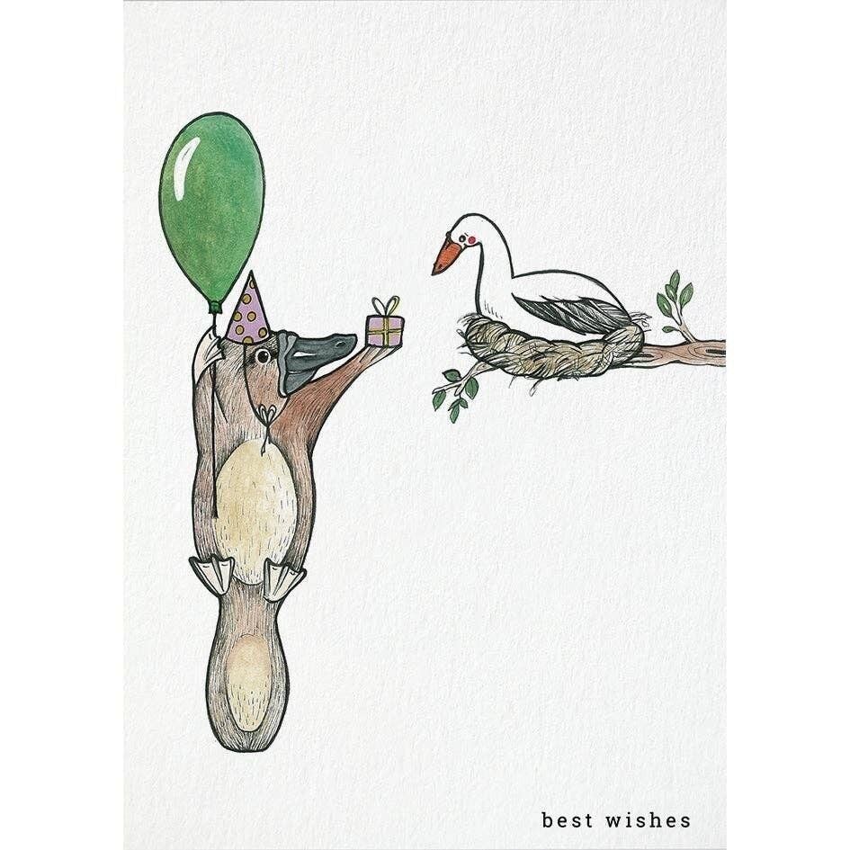Cartolina [carta di bambù] - Auguri (ornitorinco e cicogna)