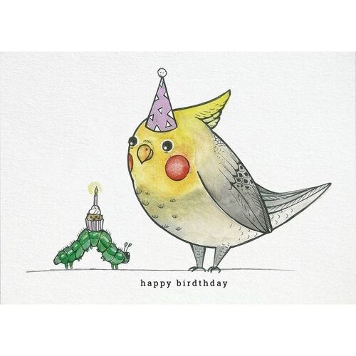 Postkarte [Bambuspapier] - Happy Birdthday (Raupe und Wellensittich)
