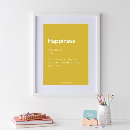 Happiness positive definition yellow A3 poster - inspirational wall art print