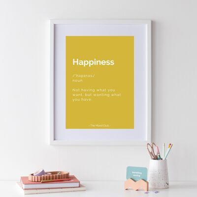 Felicidad definición positiva cartel amarillo A3 - impresión de arte de pared inspiradora