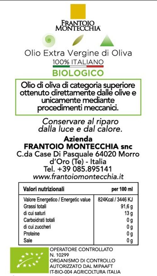 Olio E. V. di Oliva Italiano Frantoio Montecchia 0,250 Lt. Bottiglia