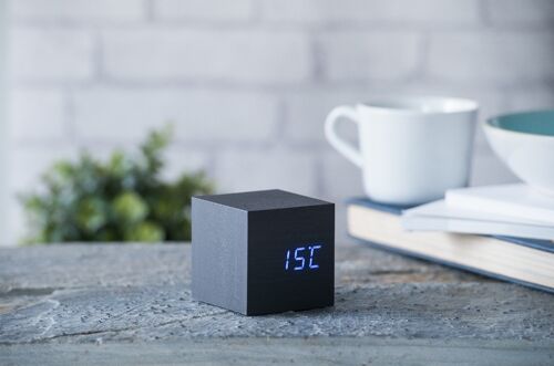 Wooden Cube Click Clock                          (our original classic cube clock, best selling product in our catalog since 2011)  Black / Blue LED