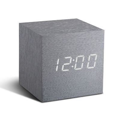 Wooden Cube Click Clock (unsere originale klassische Würfeluhr, meistverkauftes Produkt in unserem Katalog seit 2011) Aluminium / weiße LED