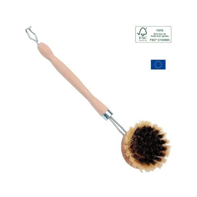 Refillable dish brush brass and natural wood fibers